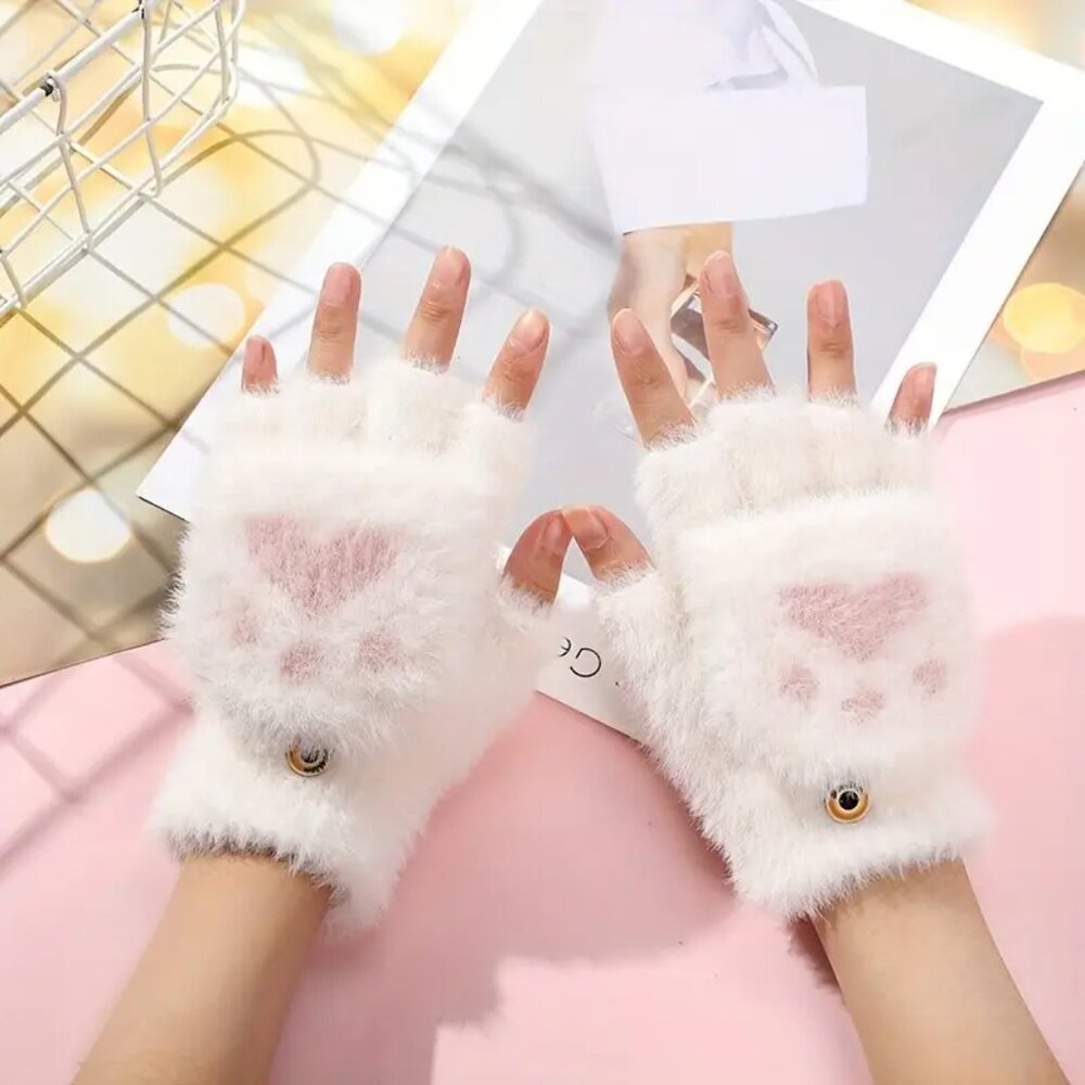 White Fuzzy Fingerless Gloves